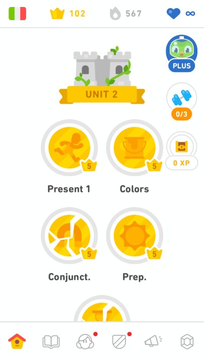 Lesson selection in Duolingo.