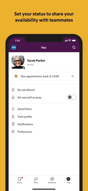 Screenshot of the Slack app showing setting your status and availability