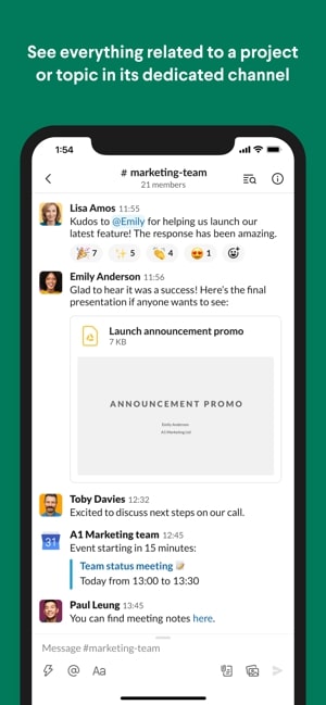 Screenshot of the Slack app showing dedicated channels for different topics and teams