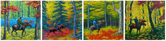 An image made with DALL·E 2 using the prompt "an impressionist oil painting of a Canadian man riding a moose through a forest of maple trees"