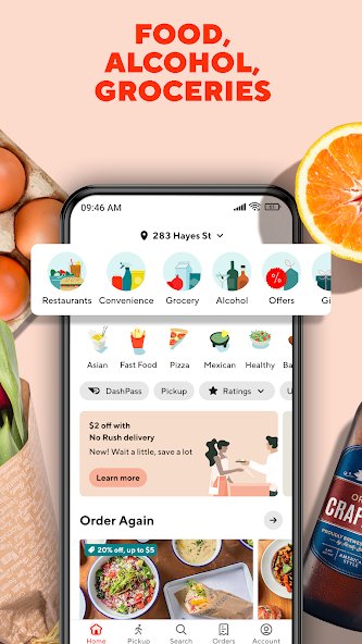 DoorDash app order food, groceries, and alcohol.