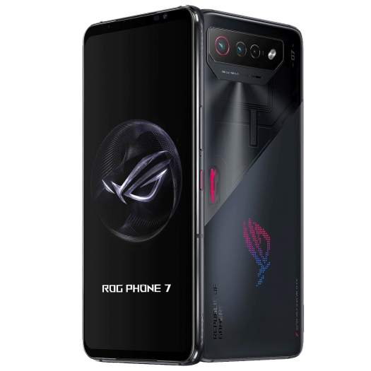 Asus ROG Phone 7 Black with transparent background showing front and back