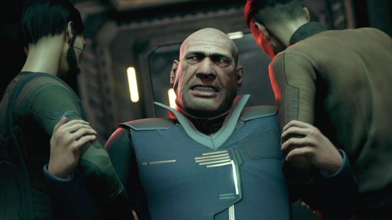 A man is dragged away backwards by two guards in space game The Expanse, one of the best new games.