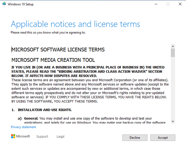 Accept the license terms for the Windows 10 Media Creation Tool