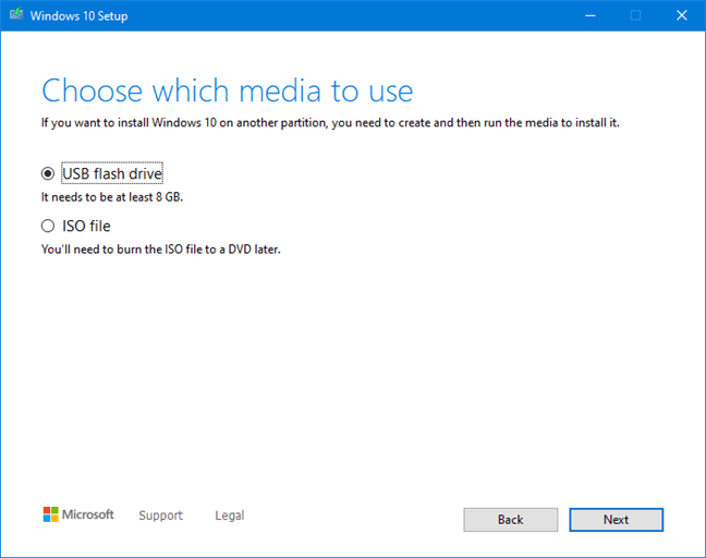 Choose to create a bootable USB flash drive with the Windows 10 setup