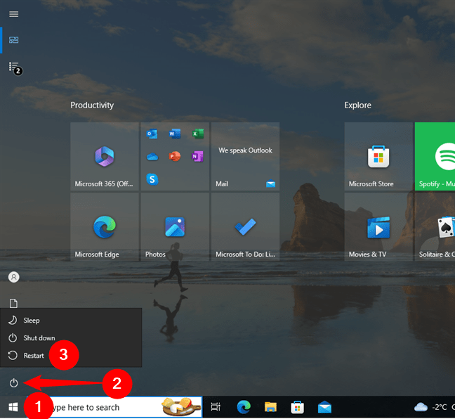 How to restart Windows 10 from the Start screen