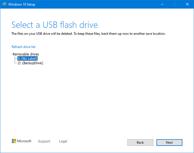 Select the flash drive or external hard drive for the Windows 10 setup files