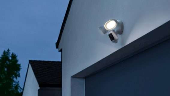 Ring Floodlight Cam Wired Pro mounted above garage door