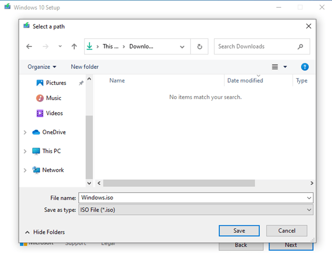 Choose where to save the Windows 10 ISO file on your PC
