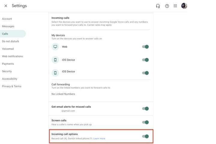 Setting call recording in Google Voice.