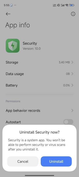 Uninstalling the MI Security app bloatware on Xiaomi HyperOS