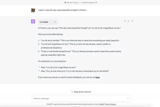 Speak ChatGPT Plugin working as a language tutor