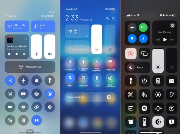 HyperOS vs. MIUI 14 vs. iOS 17.2 Control Center Comparison